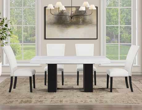 Artemis White/Black 5-Piece 70" Rectangle White Marble Table with 4 White Vegan Leather Chairs from Steve Silver - Luna Furniture