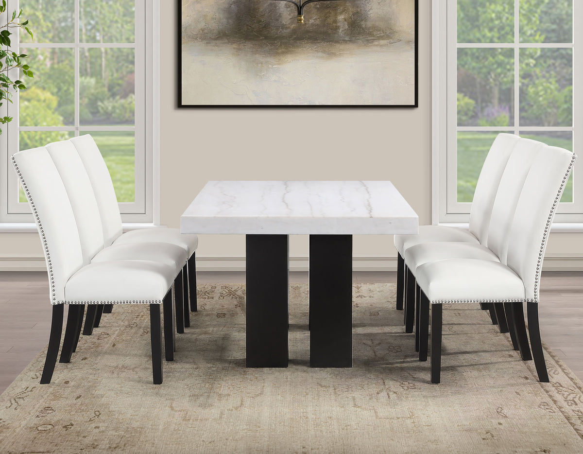 Artemis White/Black 5-Piece 70" Rectangle White Marble Table with 4 White Vegan Leather Chairs from Steve Silver - Luna Furniture