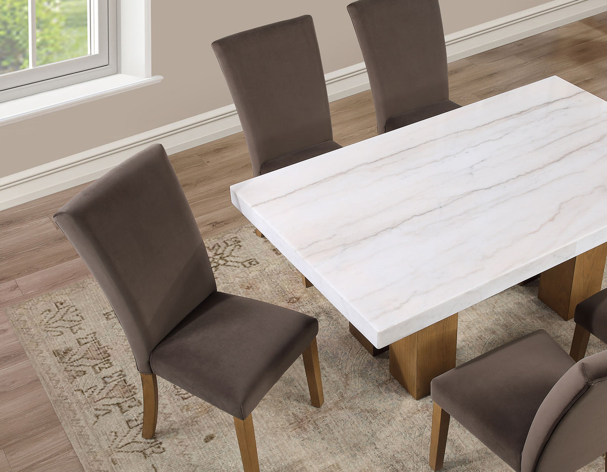 Artemis Brown/Sand 70" Rectangle White Marble Table with 4 Brown Velvet Chairs from Steve Silver - Luna Furniture
