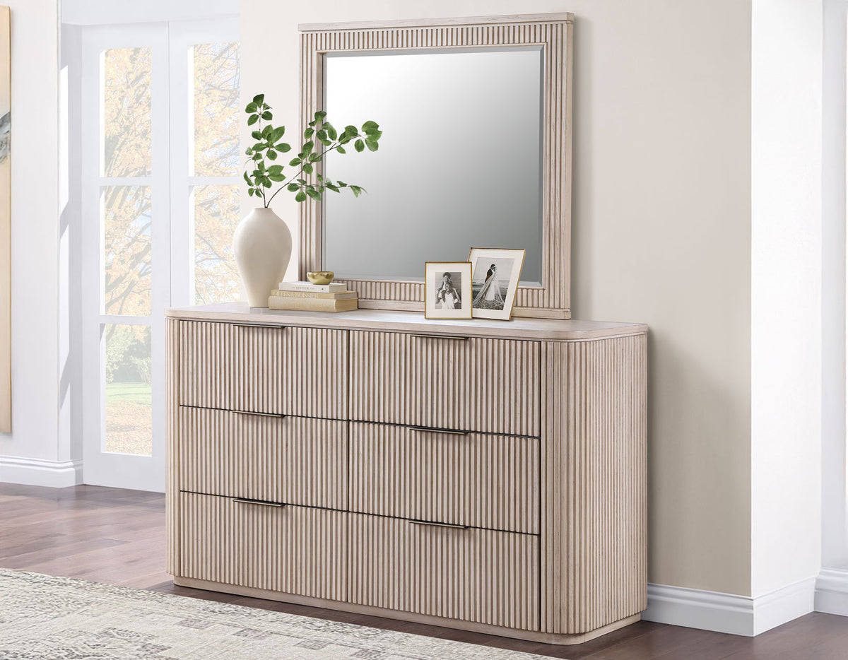 Henry 65″ 6-Drawer Reeded Dresser and Mirror, Tan Finish from Steve Silver - Luna Furniture
