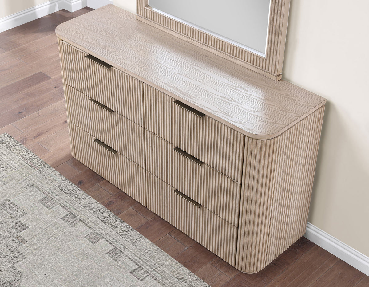 Henry 65″ 6-Drawer Reeded Dresser and Mirror, Tan Finish from Steve Silver - Luna Furniture