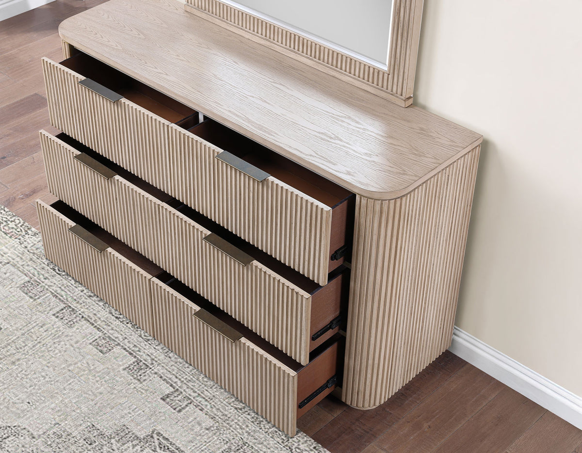 Henry 65″ 6-Drawer Reeded Dresser and Mirror, Tan Finish from Steve Silver - Luna Furniture