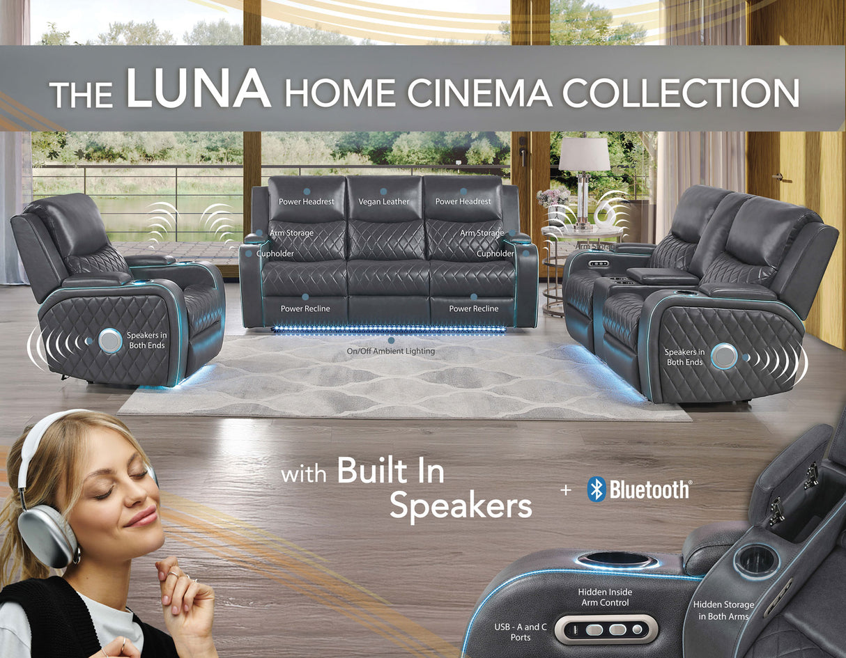 Luna 3-Piece Home Cinema Power Reclining Set, Charcoal Vegan Leather from Steve Silver - Luna Furniture