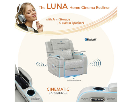 Luna Home Cinema Power Recliner, Ice Vegan Leather from Steve Silver - Luna Furniture