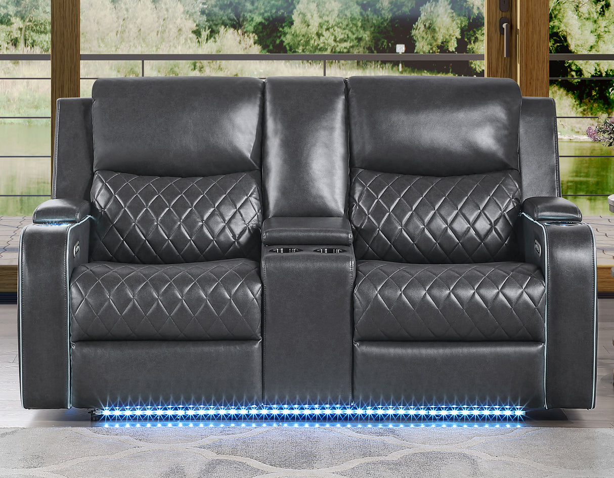 Luna Home Cinema Power Reclining Console Loveseat, Charcoal Vegan Leather from Steve Silver - Luna Furniture