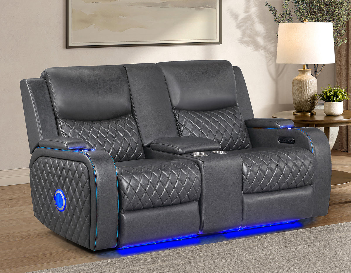 Luna Home Cinema Power Reclining Console Loveseat, Charcoal Vegan Leather