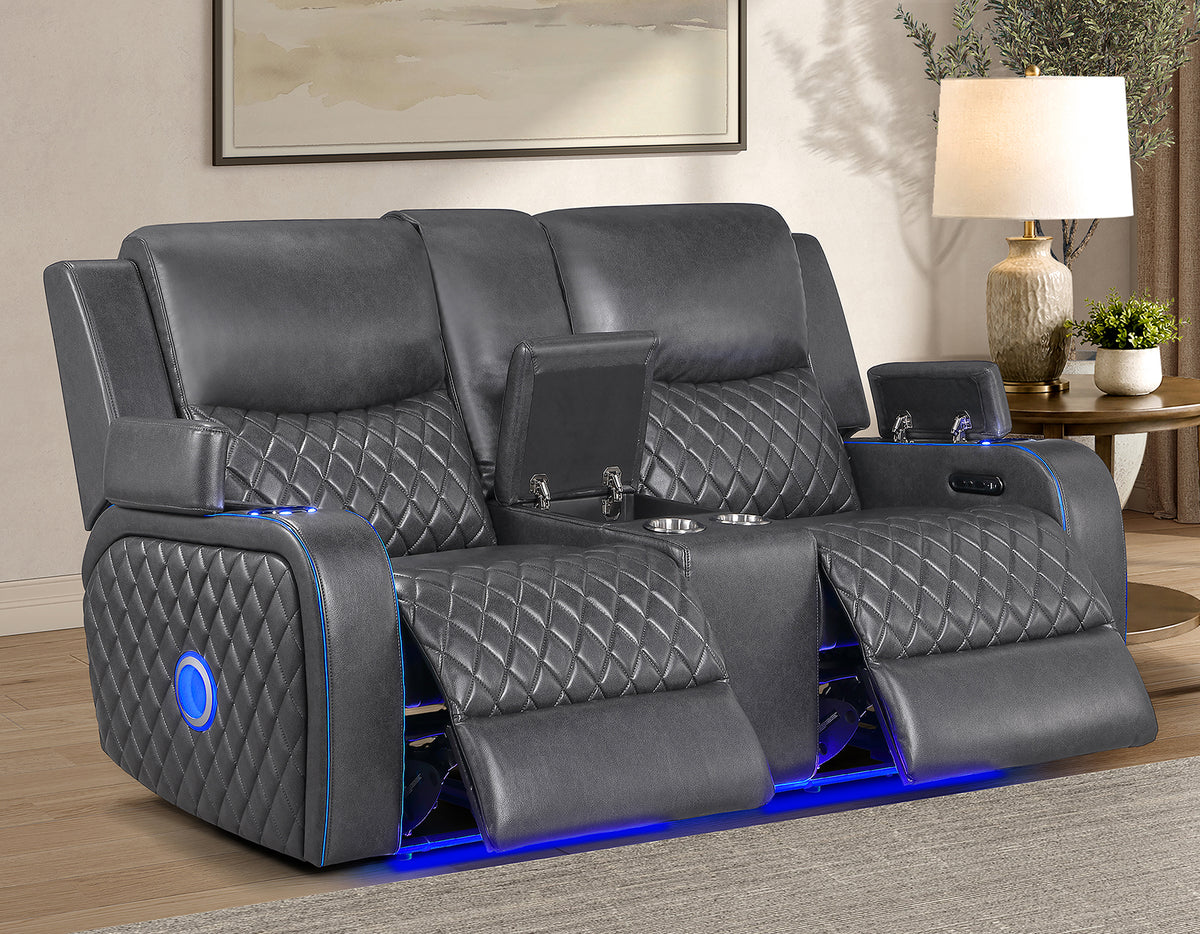 Luna Home Cinema Power Reclining Console Loveseat, Charcoal Vegan Leather
