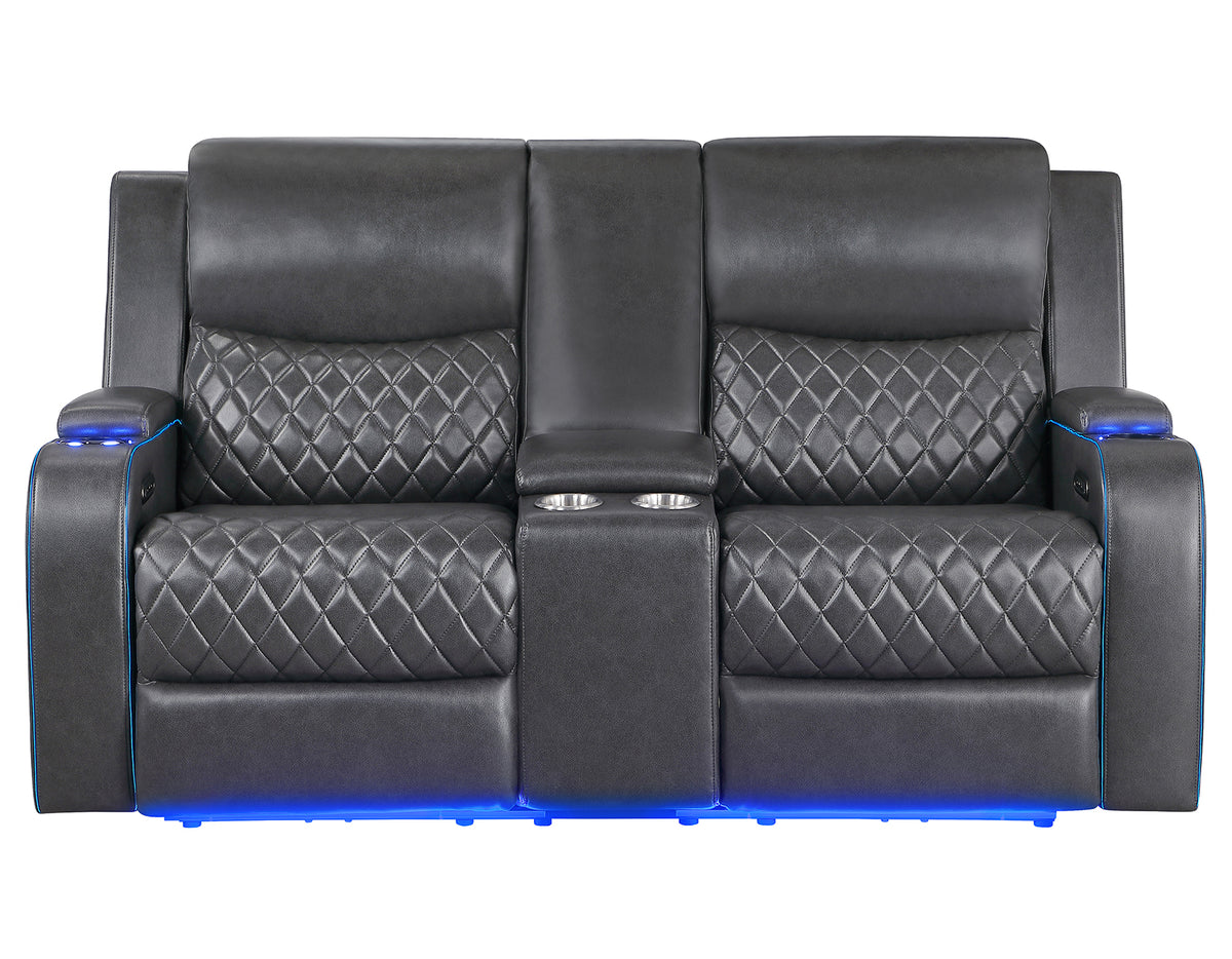 Luna Home Cinema Power Reclining Console Loveseat, Charcoal Vegan Leather