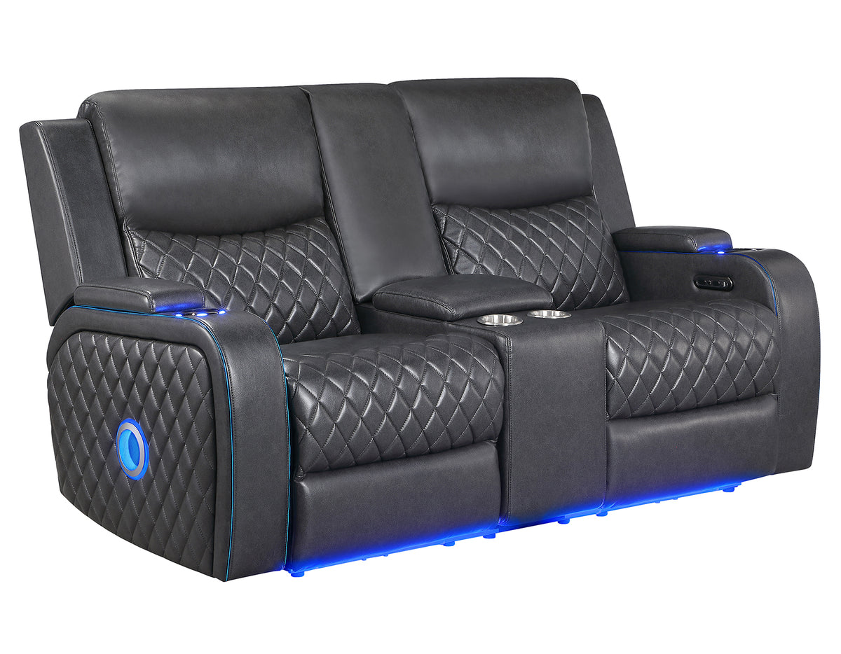 Luna Home Cinema Power Reclining Console Loveseat, Charcoal Vegan Leather