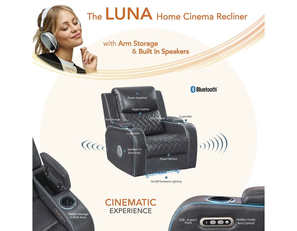 Luna Home Cinema Power Recliner, Charcoal Vegan Leather from Steve Silver - Luna Furniture