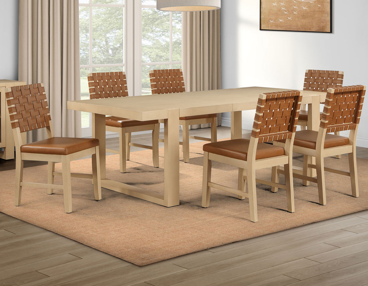 Reid 5-Piece 77-95″ Dining Set, Sand Finish with Camel Vegan Leather from Steve Silver - Luna Furniture