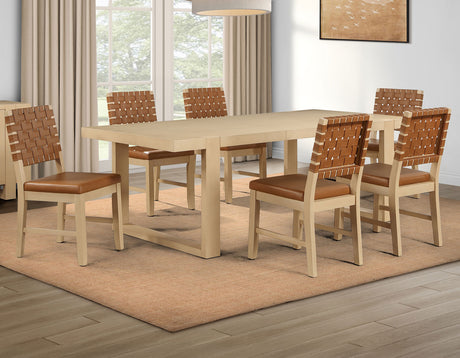 Reid 5-Piece 77-95″ Dining Set, Sand Finish with Camel Vegan Leather from Steve Silver - Luna Furniture