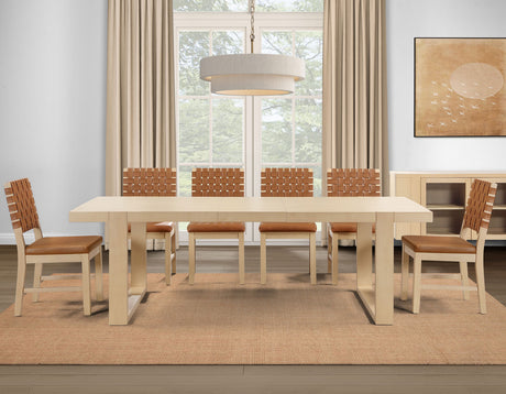 Reid 5-Piece 77-95″ Dining Set, Sand Finish with Camel Vegan Leather from Steve Silver - Luna Furniture