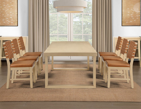 Reid 5-Piece 77-95″ Dining Set, Sand Finish with Camel Vegan Leather from Steve Silver - Luna Furniture