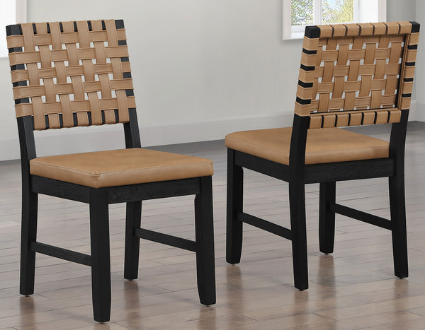Reid Saddle Brown Vegan Leather Side Chair, Black Finish, Set of 2