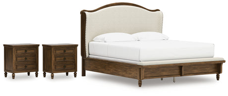 Sturlayne King Upholstered Panel Bed with 2 Nightstands in Brown from Ashley - Luna Furniture