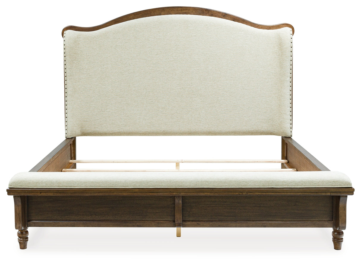 Sturlayne King Upholstered Panel Bed with Mirrored Dresser and 2 Nightstands in Brown from Ashley - Luna Furniture