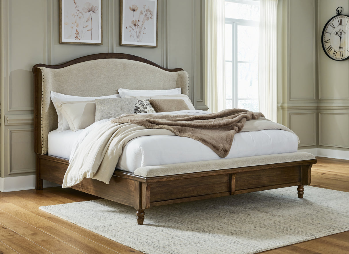 Sturlayne King Upholstered Panel Bed with Mirrored Dresser and 2 Nightstands in Brown from Ashley - Luna Furniture
