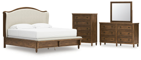 Sturlayne King Upholstered Panel Bed with Mirrored Dresser and Chest in Brown from Ashley - Luna Furniture