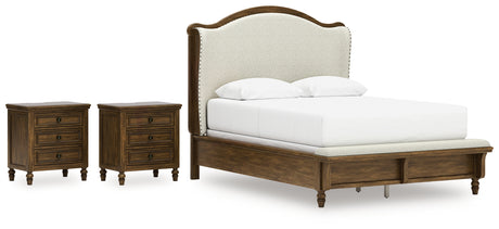 Sturlayne Queen Upholstered Panel Bed with 2 Nightstands in Brown from Ashley - Luna Furniture