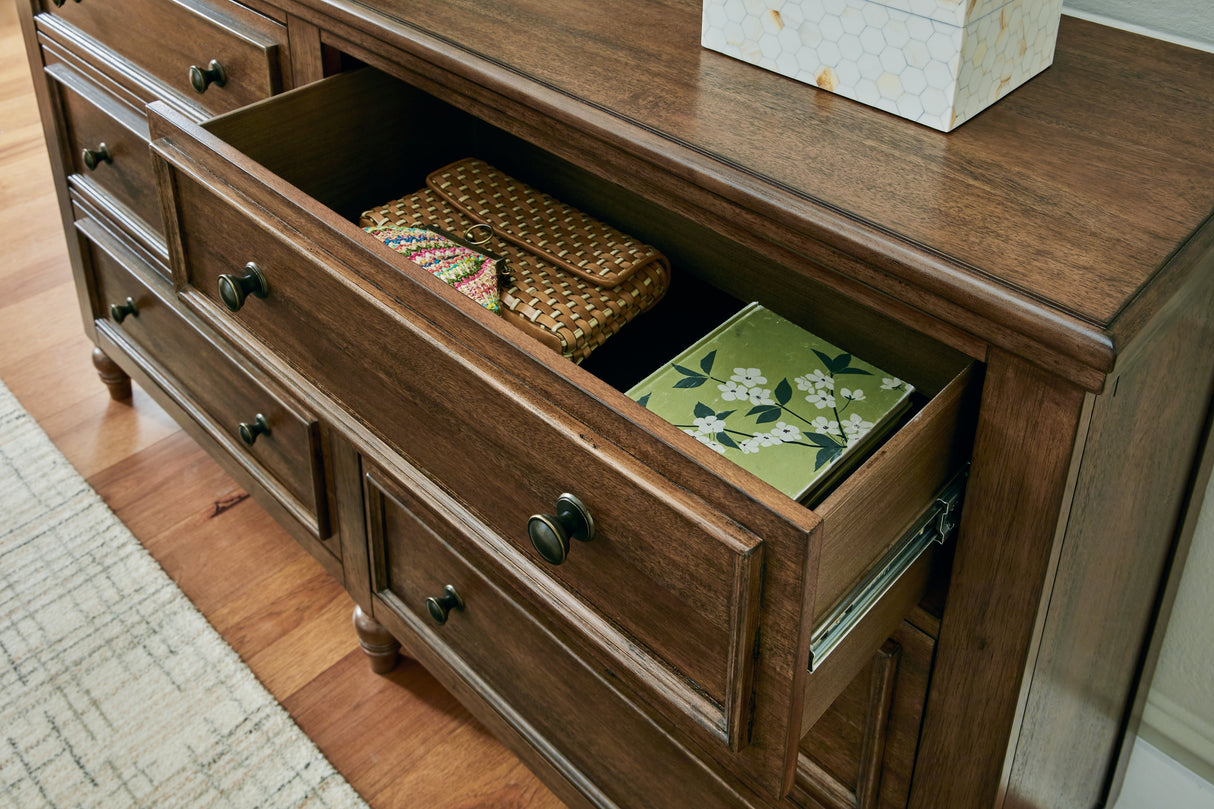 Sturlayne Queen Upholstered Panel Bed with Dresser and 2 Nightstands in Brown from Ashley - Luna Furniture