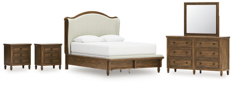 Sturlayne Queen Upholstered Panel Bed with Mirrored Dresser and 2 Nightstands in Brown from Ashley - Luna Furniture