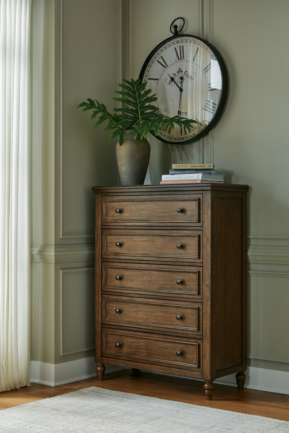 Sturlayne Queen Upholstered Panel Bed with Mirrored Dresser and Chest in Brown from Ashley - Luna Furniture