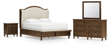 Sturlayne Queen Upholstered Panel Bed with Mirrored Dresser and Nightstand in Brown from Ashley - Luna Furniture