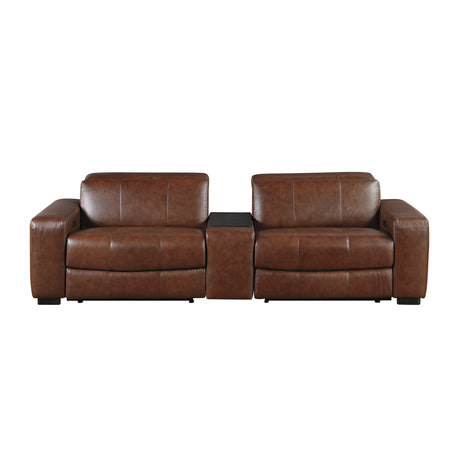 Sutton Brown Leather Power Double Reclining Loveseat with Center Console from Homelegance - Luna Furniture