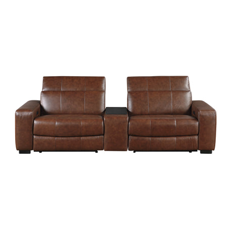 Sutton Brown Leather Power Double Reclining Loveseat with Center Console from Homelegance - Luna Furniture