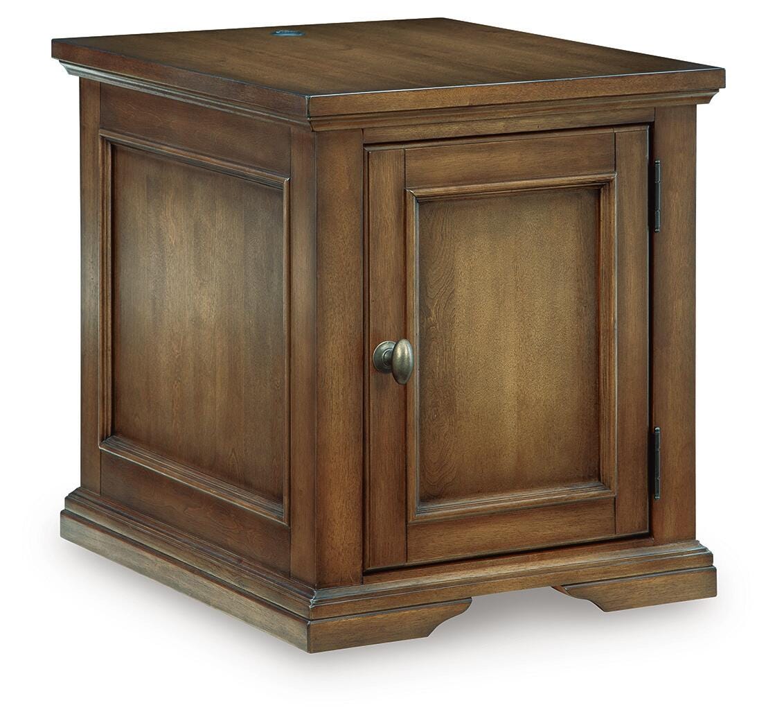 Channley Brown side table, cabinet door and rich brown finish, three-quarter angle