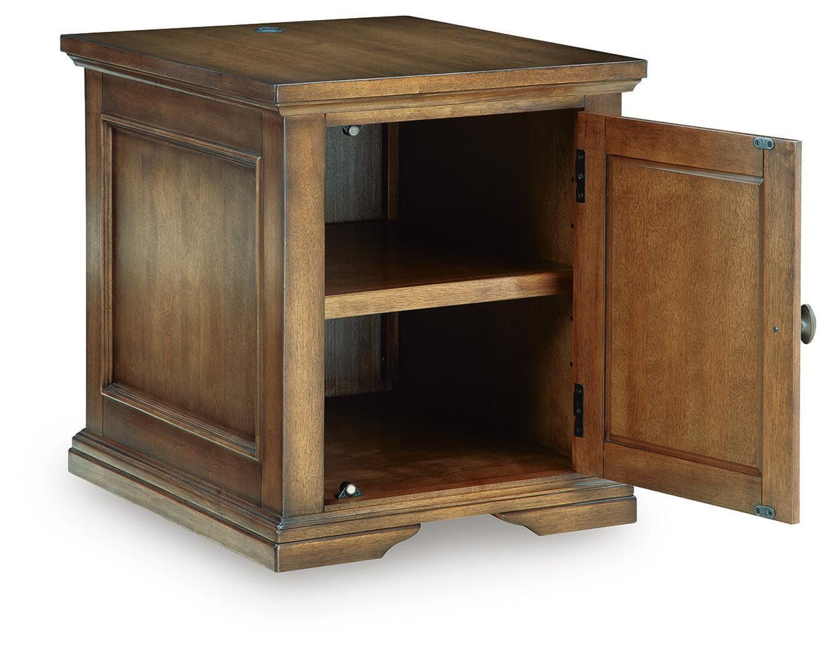 Channley Brown side table open, interior shelf storage, three-quarter angle