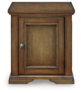 Channley Brown side table, raised panel door and bronze knob, front view