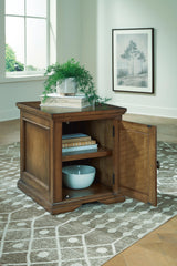Channley Brown side table open, shelves inside and dark wood top, lifestyle view