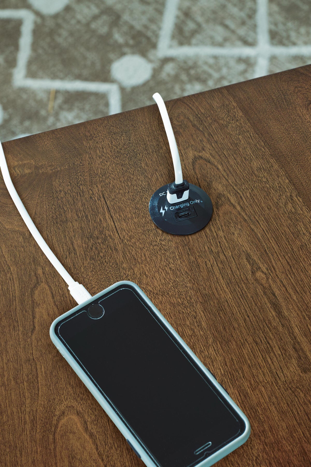Channley Brown side table top charging port, USB-A and USB-C detail