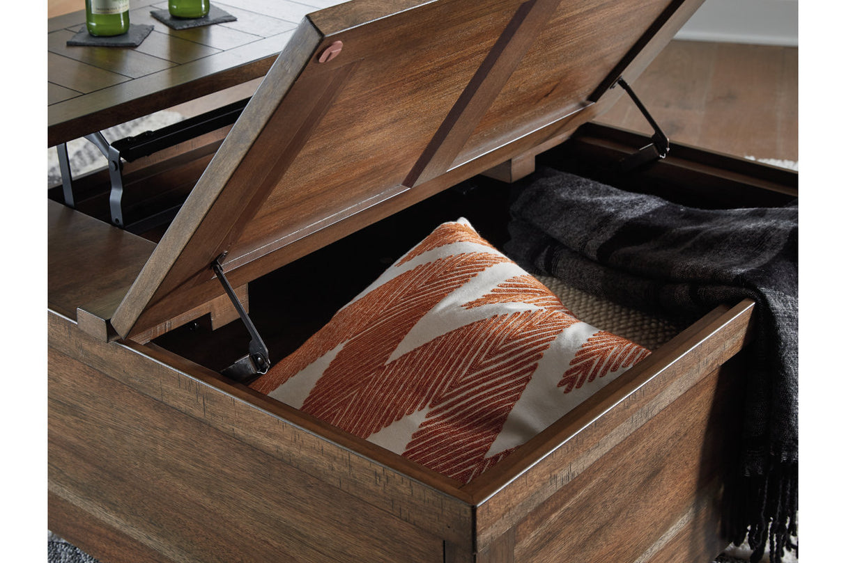 Moriville Grayish Brown Lift-top Coffee Table and 2 Chairside End Tables from Ashley - Luna Furniture