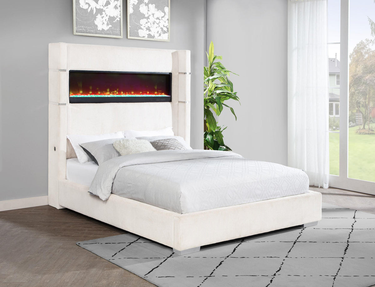 Tisdall Cream 67-inch Upholstered Cal King Fireplace Bed from Coaster - Luna Furniture