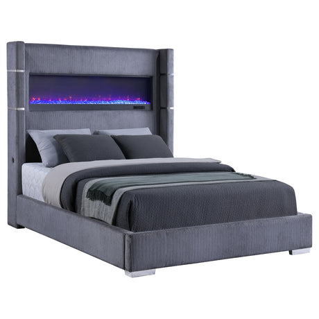 Tisdall Gray 67-inch Upholstered Cal King Fireplace Bed from Coaster - Luna Furniture