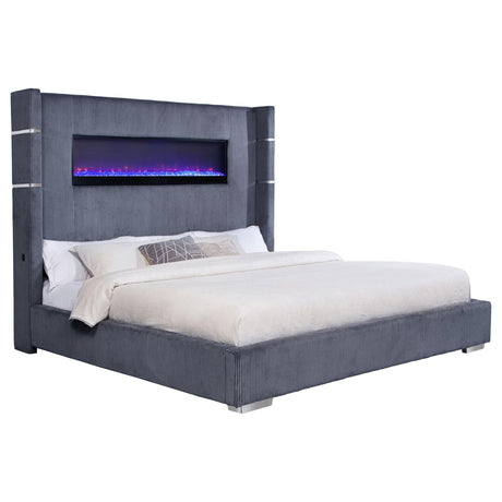 Tisdall Gray 67-inch Upholstered Eastern King Fireplace Bed from Coaster - Luna Furniture