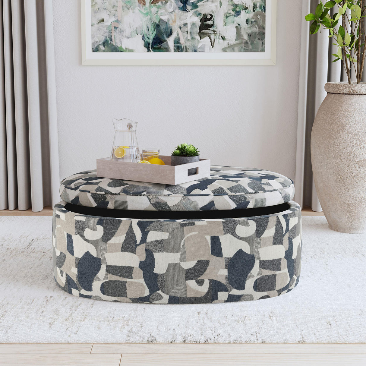 Tomkins Indigo Blue Oval Upholstered Storage Ottoman from Coaster - Luna Furniture