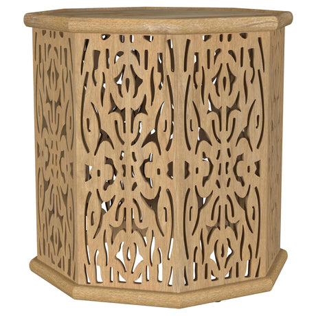 Torres Natural Brown Octagonal Solid Wood Side Table with Intricate Openwork Carvings from Coaster - Luna Furniture