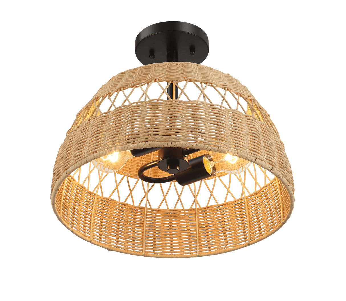 Twinkle Double Lights Semi Flush With Rattan Shade Black Metal Finish for Farmhouse Style from Midinmod - Luna Furniture