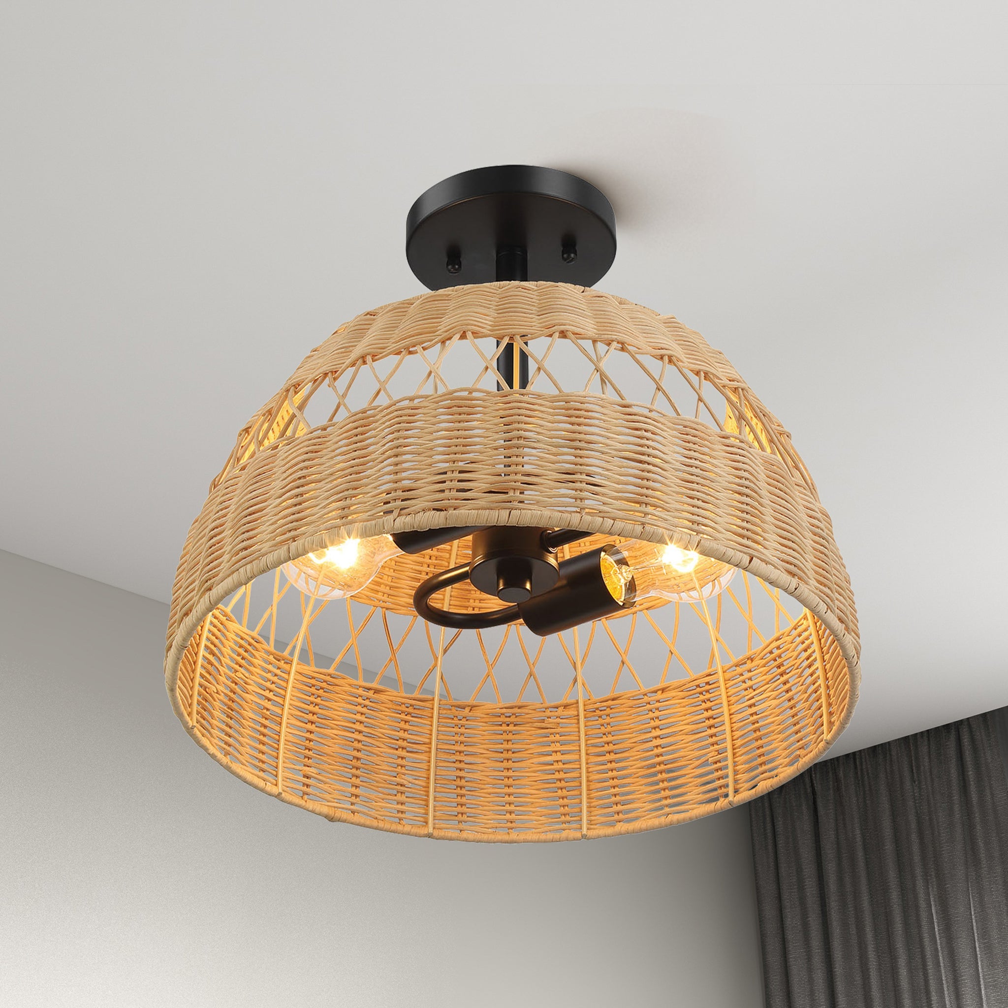 Twinkle Double Lights Semi Flush With Rattan Shade Black Metal Finish for Farmhouse Style from Midinmod - Luna Furniture