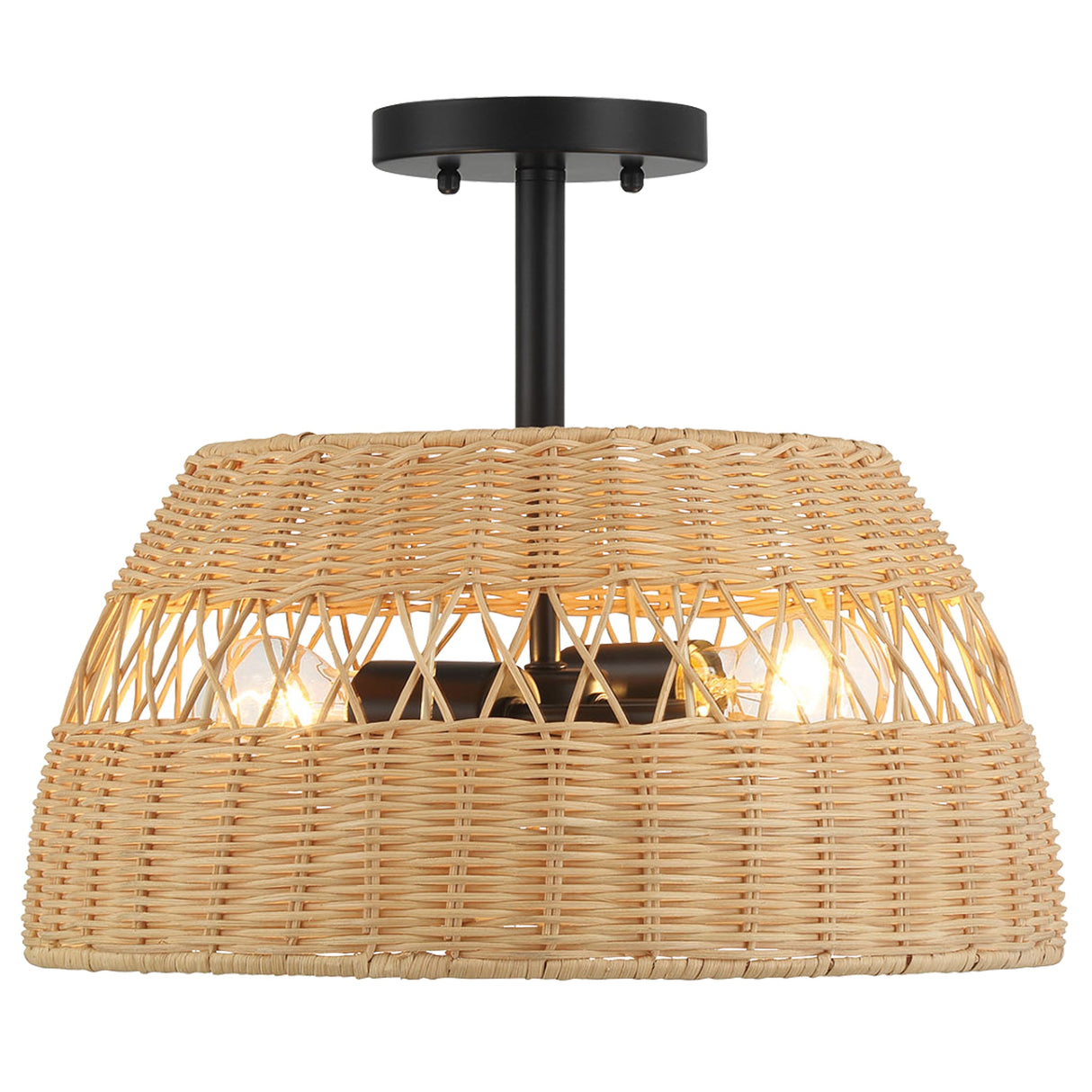 Twinkle Double Lights Semi Flush With Rattan Shade Black Metal Finish for Farmhouse Style from Midinmod - Luna Furniture