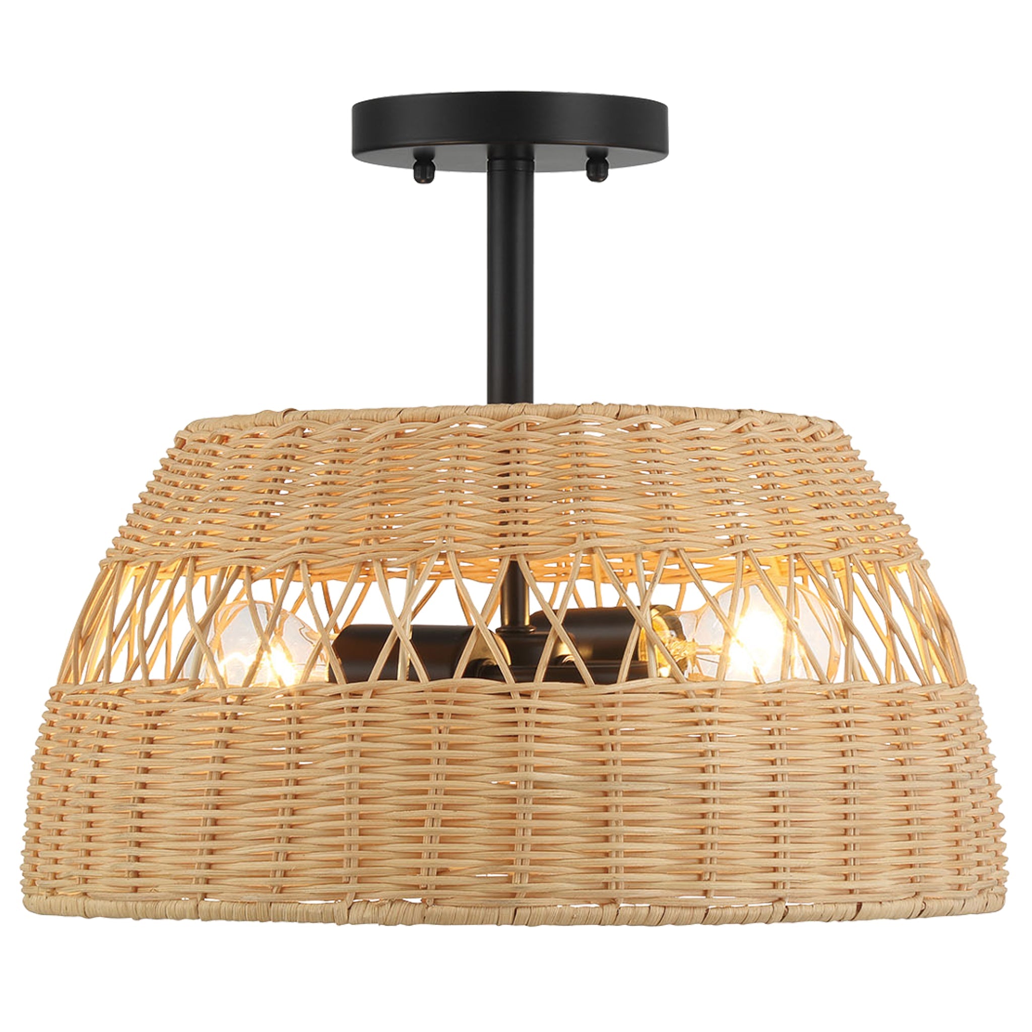 Twinkle Double Lights Semi Flush With Rattan Shade Black Metal Finish for Farmhouse Style from Midinmod - Luna Furniture
