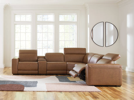 Magic Man Caramel 6-Piece Power Reclining Sectional with Console from Ashley Furniture - Luna Furniture