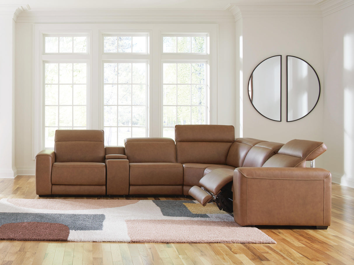 Magic Man Caramel 6-Piece Power Reclining Sectional with Console from Ashley Furniture - Luna Furniture