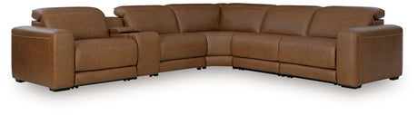 Magic Man Caramel 6-Piece Power Reclining Sectional with Console from Ashley Furniture - Luna Furniture