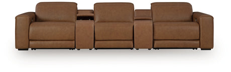 Magic Man Caramel 5-Piece Power Reclining Sectional with Console from Ashley Furniture - Luna Furniture