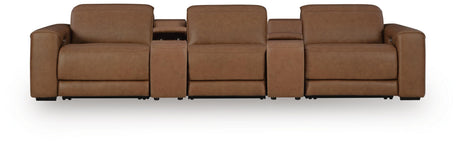 Magic Man Caramel 5-Piece Power Reclining Sectional with Console from Ashley Furniture - Luna Furniture